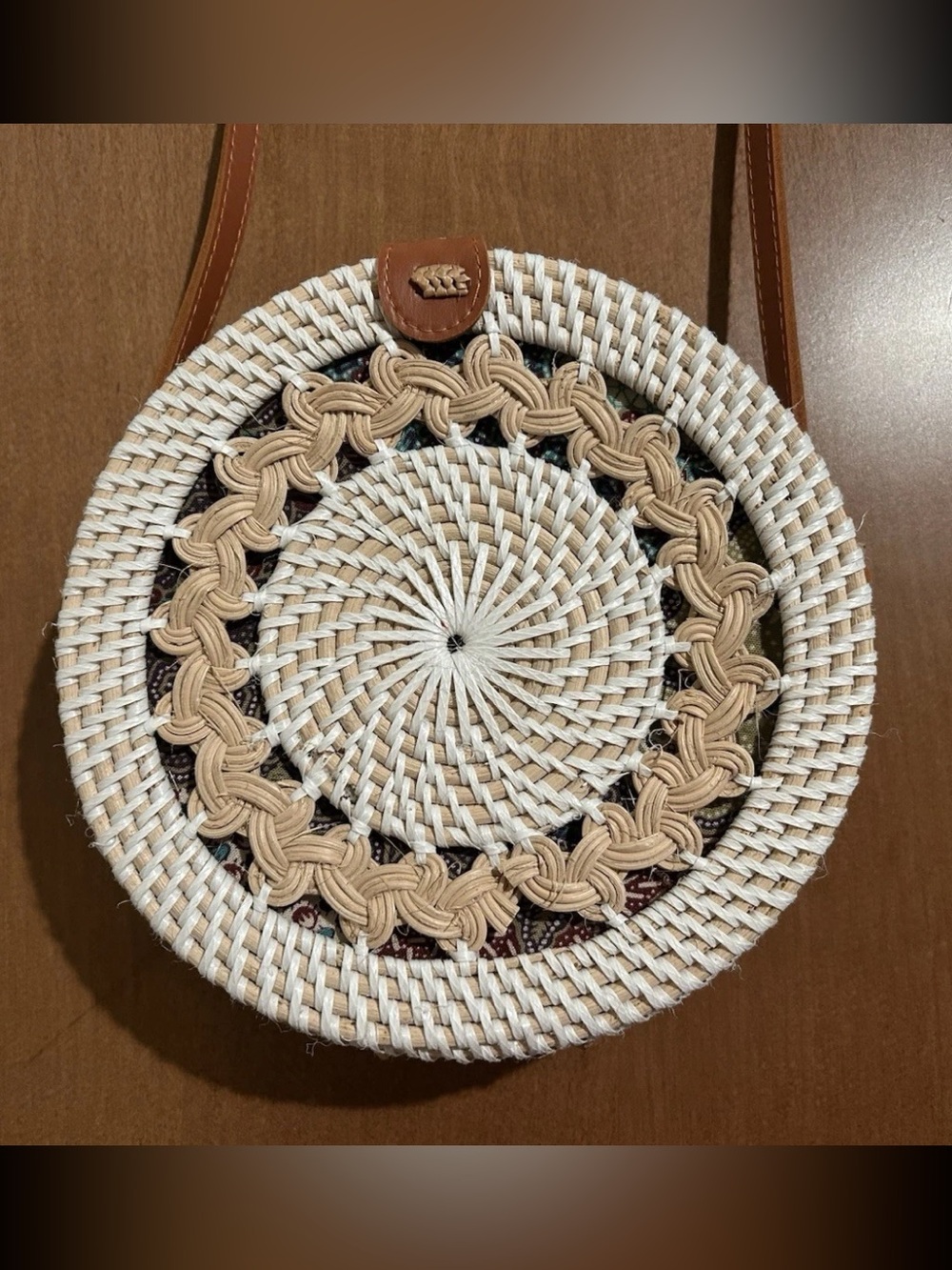 Round Woven Crossbody Bag in Cream and Tan - Picture 6 of 10